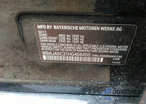 2017 BMW 530I из США, поврежденный, VIN WBAJA5C31HG456450